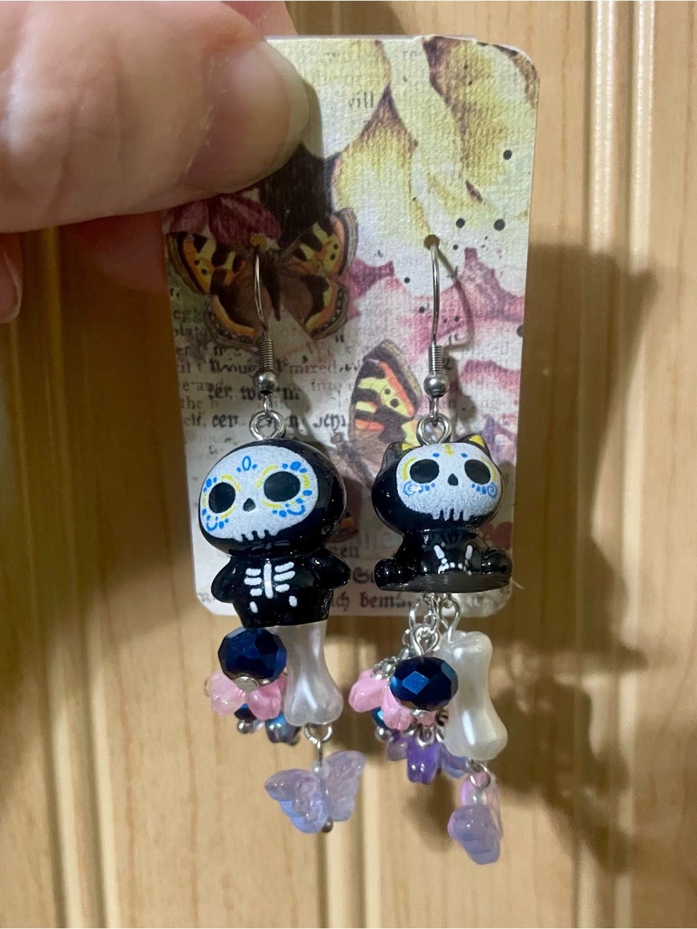 Hand Crafted Black Skeleton Cat Dangle Earrings with Pastel Charms